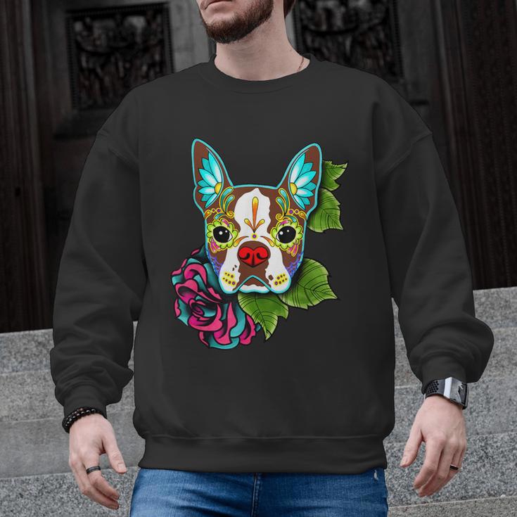 Boston Terrier In Red Day Of The Dead Sugar Skull Dog Men Graphic Sweatshirt, trending gift