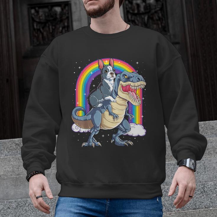Boston Terrier Riding Dinosaur T-Rex Boys Kids Rainbow Men Graphic Sweatshirt
