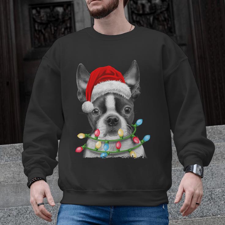 Boston Terrier Santa Christmas Tree Lights Xmas Boys Men Dog Men Graphic Sweatshirt