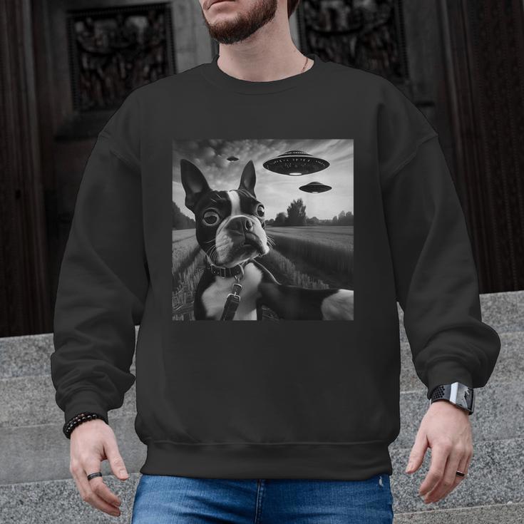 Boston Terrier Graphic Selfie With UFOs Weird Aliens Men Graphic Sweatshirt