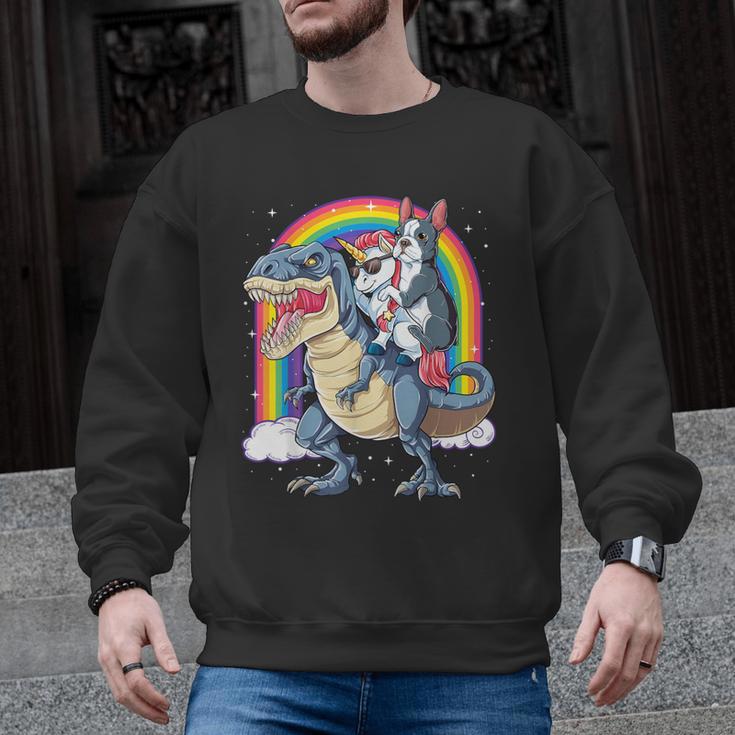 Boston Terrier Unicorn Riding Dinosaur T-Rex Girls Rainbow Men Graphic Sweatshirt