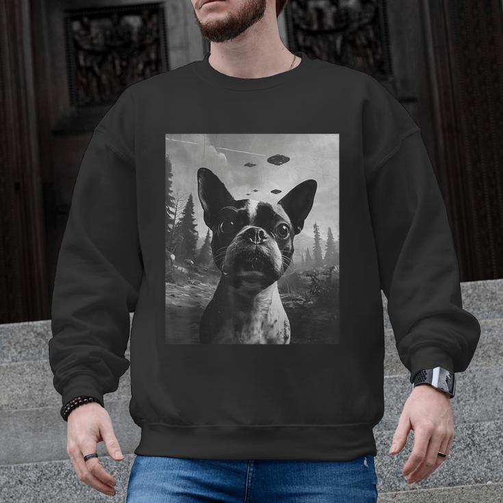 Dog Mom Dad Alien Selfie Boston Terrier UFO For Men Women Men Graphic Sweatshirt