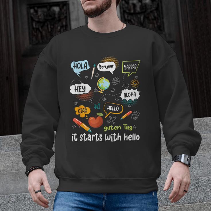 Friendship Inclusion Language Teacher It Starts With Hello Men Graphic Sweatshirt