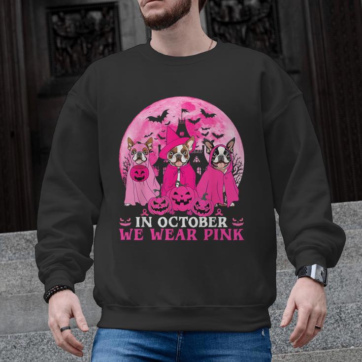 Ghost And Witch Boston Terrier Dog In October We Wear Pink Men Graphic Sweatshirt