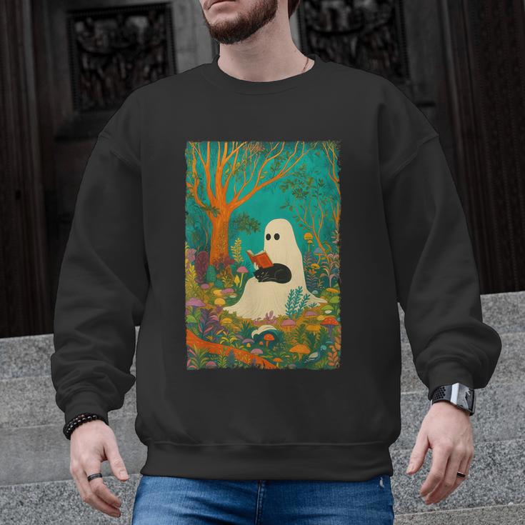 Groovy Ghost Reading Book Cat Halloween Ghost Teacher Men Graphic Sweatshirt