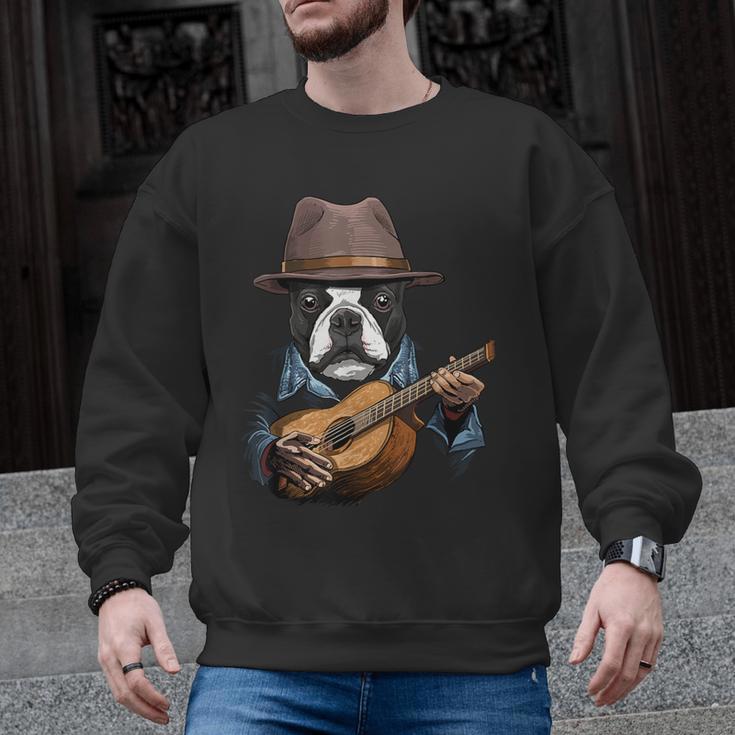 Guitar Shirt Boston Terrier Dog Playing Acoustic Guitar Men Graphic Sweatshirt