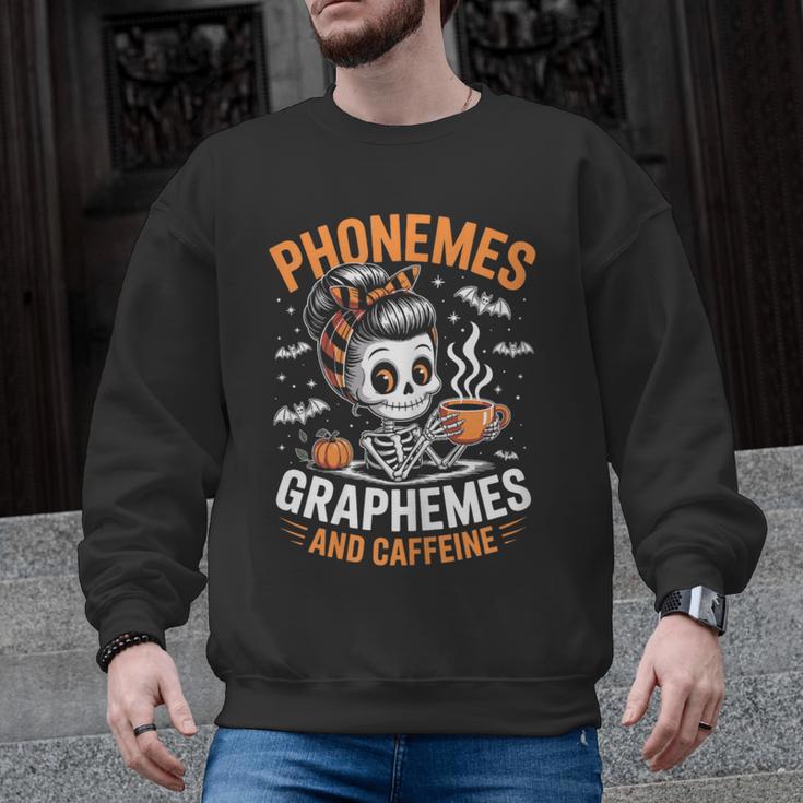 Halloween Skeleton Teacher Phonemes Graphemes Caffeine Lover Men Graphic Sweatshirt
