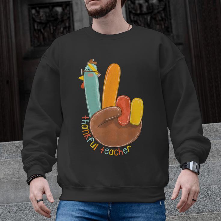 One Thankful Teacher Thanksgiving Turkey Peace Hand Sign Men Graphic Sweatshirt