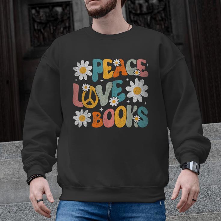 Peace Love Books Bookworm Librarian Reading Teacher Groovy Men Graphic Sweatshirt