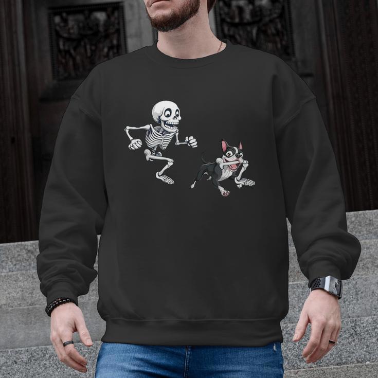 Skeleton Chasing Dog Boston Terrier Halloween Pet Lover Men Graphic Sweatshirt