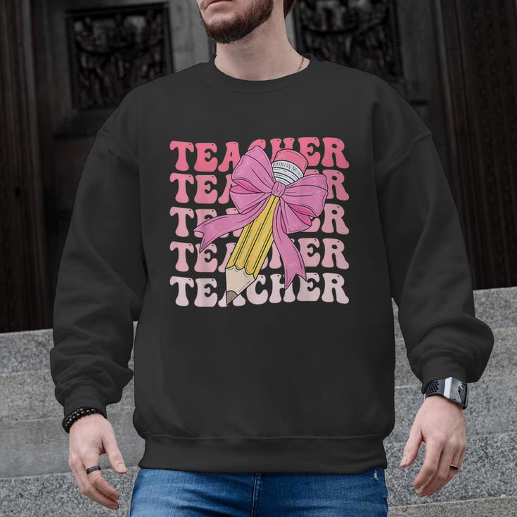 Teacher Pencil Back To School Groovy Pink Teacher First Day Men Graphic Sweatshirt