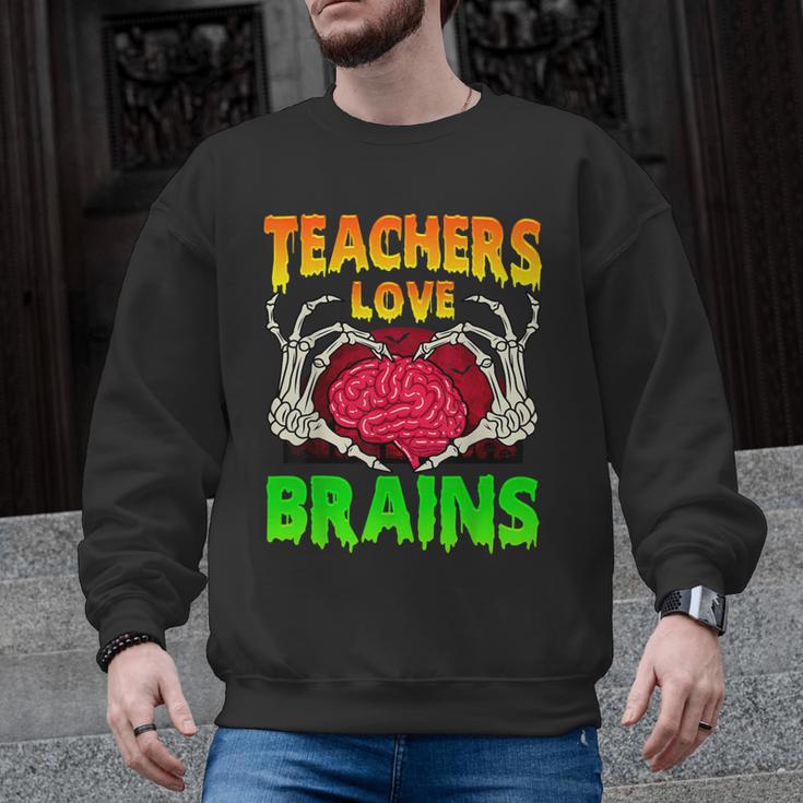 Teacher Teachers Love Brains Skeleton Hand Heart Halloween Men Graphic Sweatshirt
