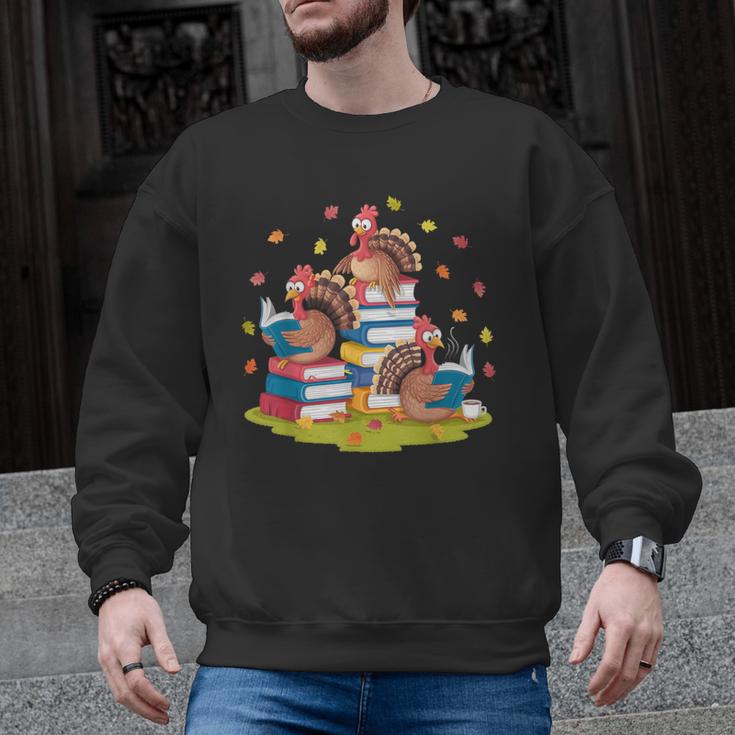 Turkey Reading Books Fall Season Thanksgiving Teacher Book Men Graphic Sweatshirt