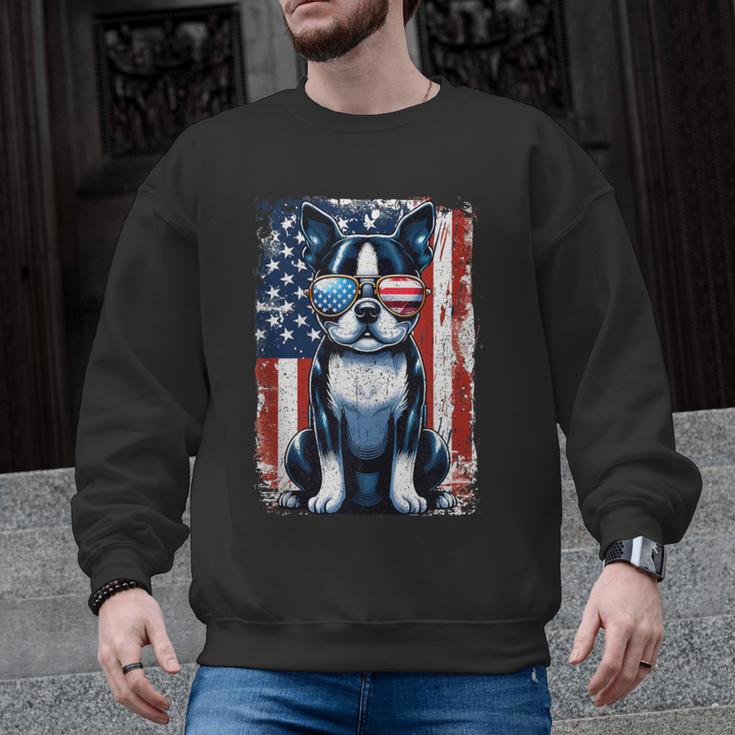 Vintage Boston Terrier Dog American USA US Flag Pets Lovers Men Graphic Sweatshirt