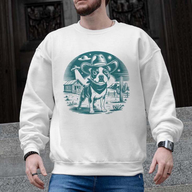Boston Terrier Cowboy UFO Shirt Vintage Western Dog Mom Tee Men Graphic Sweatshirt