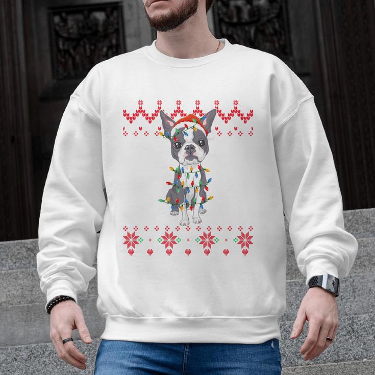 Boston Terrier Dog Santa Hat Men Kids Ugly Christmas Light Men Graphic Sweatshirt