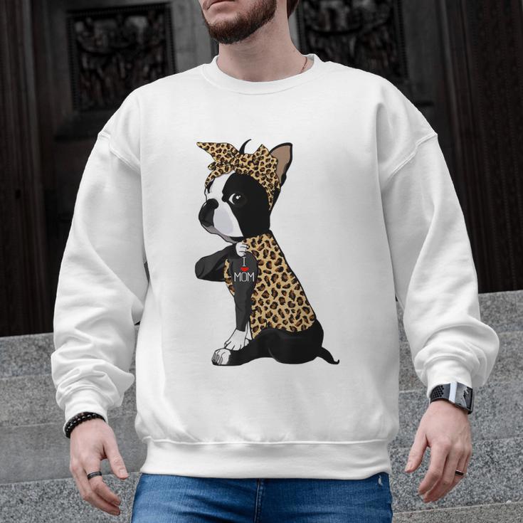 Boston Terrier Lover I Love Mom Tattoo Leopard Men Graphic Sweatshirt
