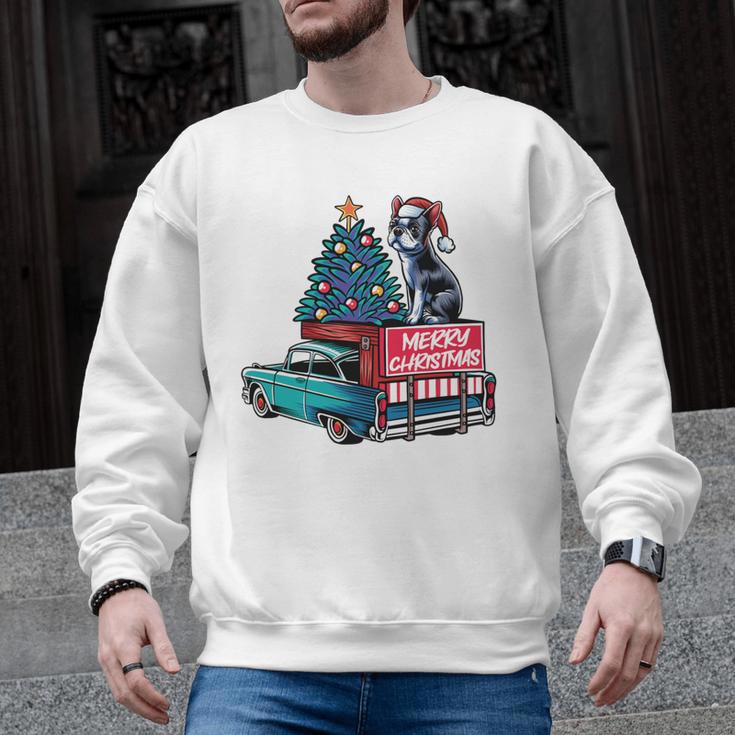 Boston Terrier Merry Christmas Tree Truck Santa Dog X-Mas Men Graphic Sweatshirt