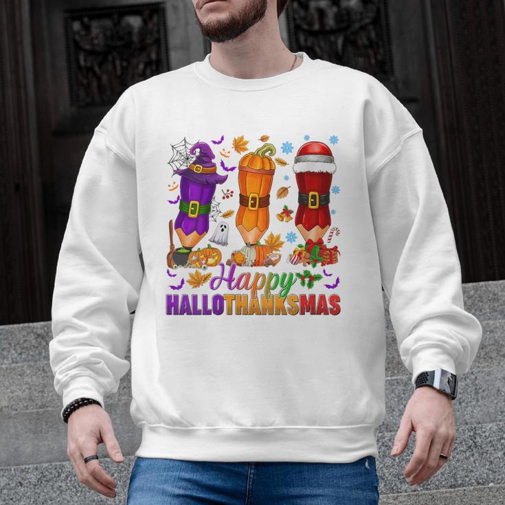 Happy Hallothanksmas Halloween Thanksgiving Pencils Teachers Men Graphic Sweatshirt