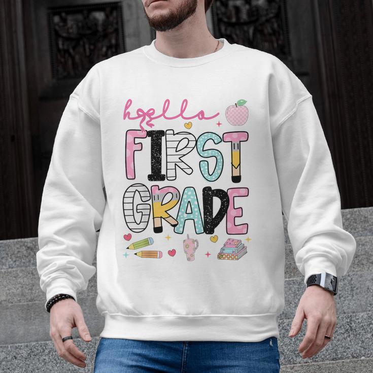 Hello First Grade Teacher Coquette Pencil Bow Back To School Men Graphic Sweatshirt