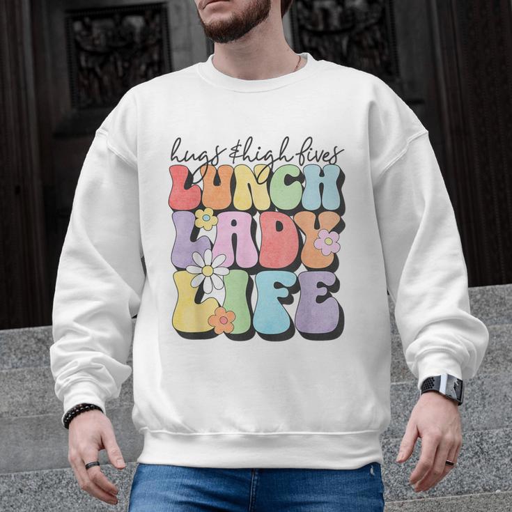 Soul Bleach Teacher Staff First Day Of School Last Hugs & High Fives Lunch Lady Vibes Blue Classic Fit Men Graphic Sweatshirt