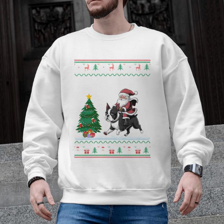 Ugly Christmas Tree Lights Xmas Santa Riding Boston Terrier Men Graphic Sweatshirt