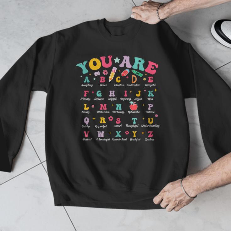 Alphabet Positive Affirmations Back To School Teacher Men Graphic Sweatshirt, funny design Alphabet Positive Affirmations Back To School Teacher Men Graphic Sweatshirt, funny design