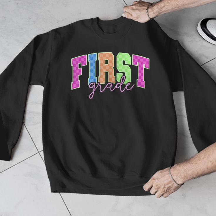 Back To School Neon Checkered First Grade Colorful Teacher Men Graphic Sweatshirt, First Grade Teacher Gifts, funny design Back To School Neon Checkered First Grade Colorful Teacher Men Graphic Sweatshirt, First Grade Teacher Gifts, funny design