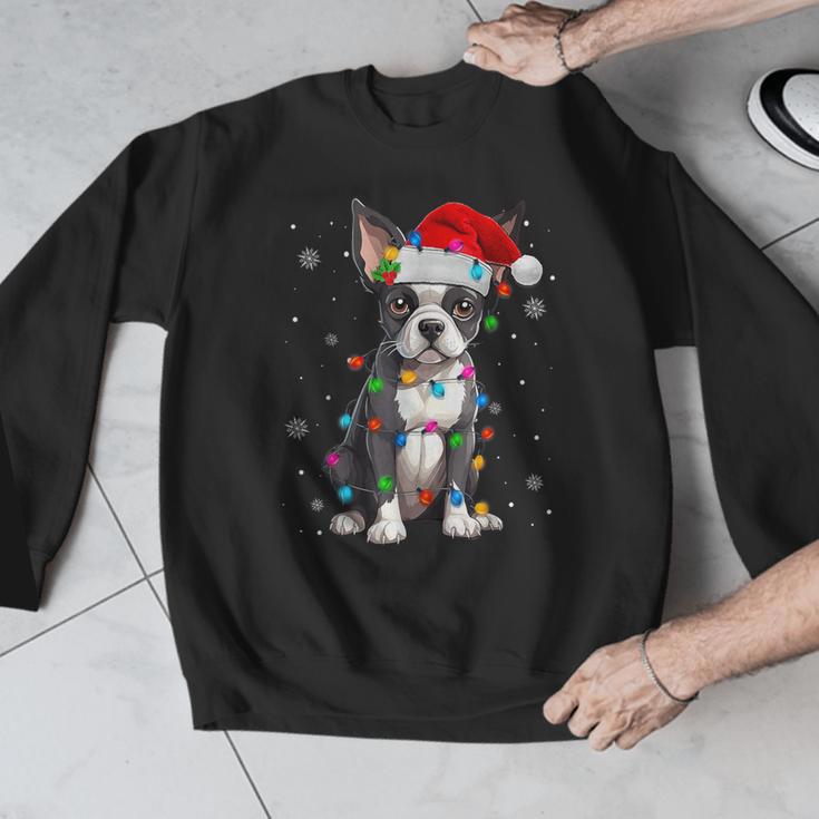 Boston Terrier Christmas Santa Hat Tree Lights Pajama Men Graphic Sweatshirt, Boston Terrier Christmas Gifts, funny design