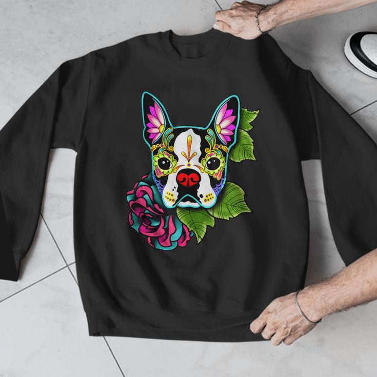 Boston Terrier In Day Of The Dead Sugar Skull Dog Men Graphic Sweatshirt, funny design