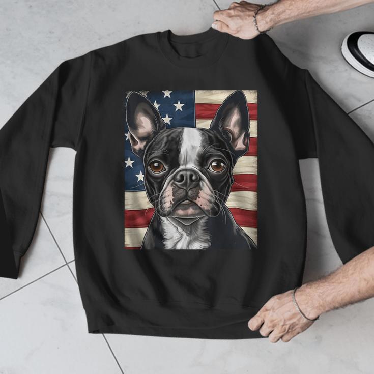 Boston Terrier Dog American Flag 4th Of July Patriotic Puppy Men Graphic Sweatshirt, Patriotic Boston Terrier Gifts, American Boston Terrier Gifts, Boston Terrier 4th Of July Gifts, funny design