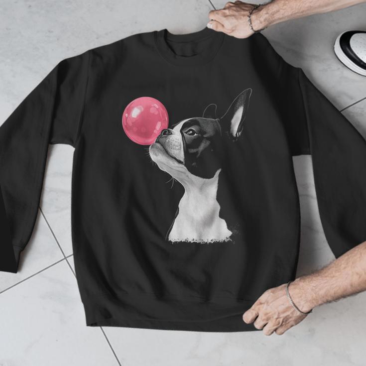 Boston Terrier Dog Blowing Chewing Bubble Gum Pink Men Graphic Sweatshirt, funny design