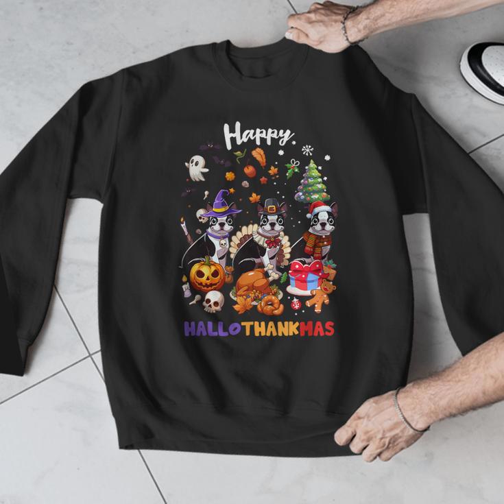 Boston Terrier Dog Christmas Happy Hallothankmas Halloween For Men Women Kids Men Graphic Sweatshirt, Boston Terrier Christmas Gifts, Boston Terrier Halloween Gifts, funny design