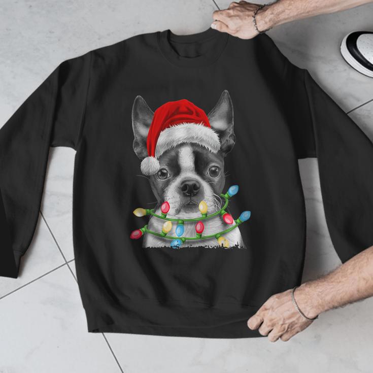 Boston Terrier Dog Santa Christmas Tree Lights Xmas Men Graphic Sweatshirt, Boston Terrier Christmas Gifts, funny design