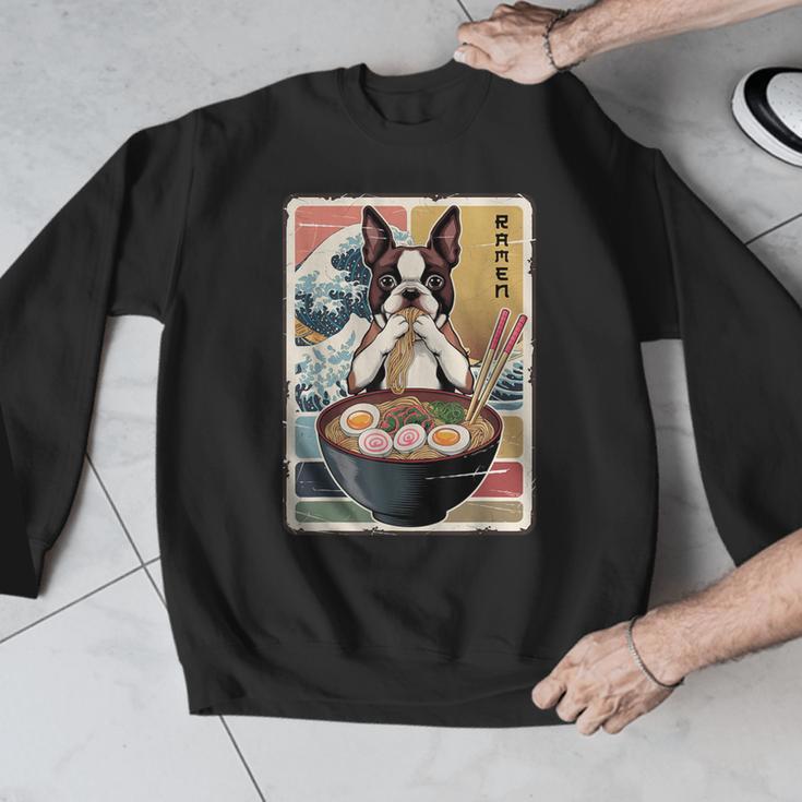 Boston Terrier Ramen Noodles Japanese Art Retro Ocean Waves Men Graphic Sweatshirt, funny design