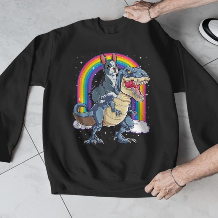 Boston Terrier Riding Dinosaur T-Rex Boys Kids Rainbow Men Graphic Sweatshirt, Boston Terrier Riding Gifts, funny design