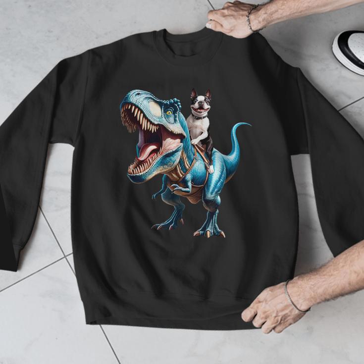 Boston Terrier Riding T-Rex Dinosaur Dog Lover Men Graphic Sweatshirt, Boston Terrier Riding Gifts, funny design