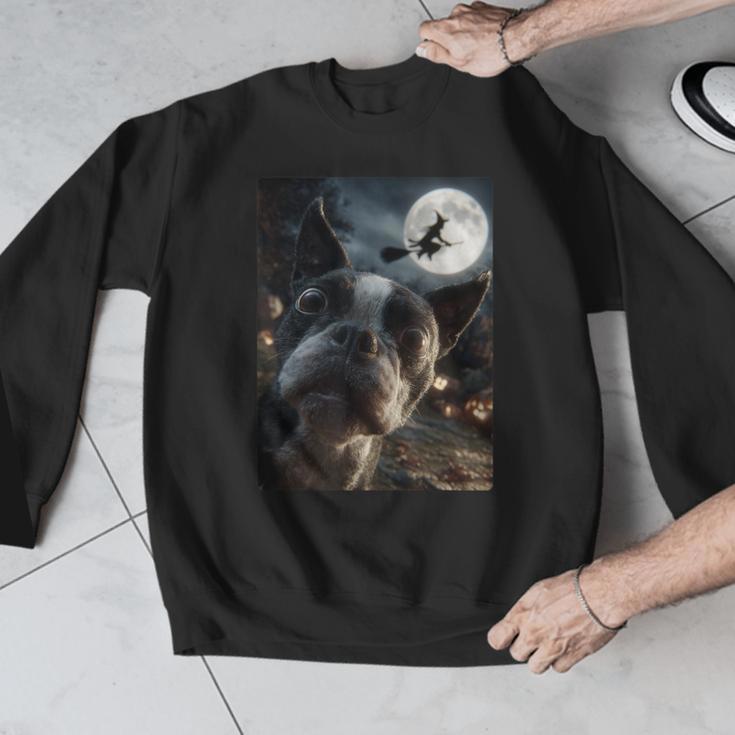 Boston Terrier Selfie Full Moon Flying Witch Halloween Dog Men Graphic Sweatshirt, Boston Terrier Halloween Gifts, funny design