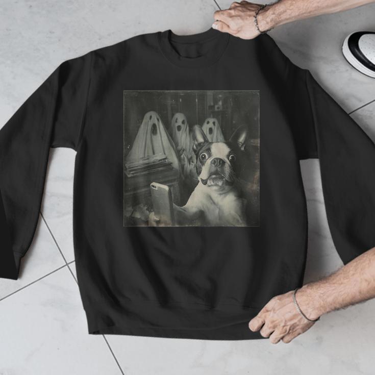 Boston Terrier Selfie With Ghosts Halloween Dog Lover Men Graphic Sweatshirt, Boston Terrier Halloween Gifts, funny design