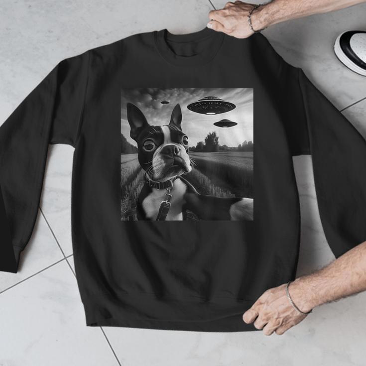 Boston Terrier Graphic Selfie With UFOs Weird Aliens Men Graphic Sweatshirt, funny design
