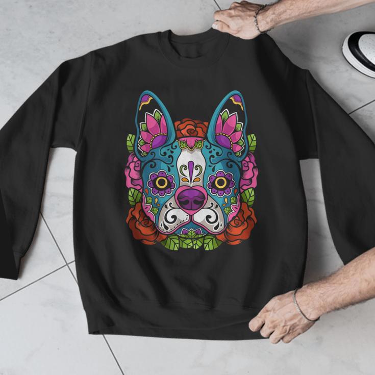 Boston Terrier Sugar Skull Dog Day Of The Dead Men Graphic Sweatshirt, funny design