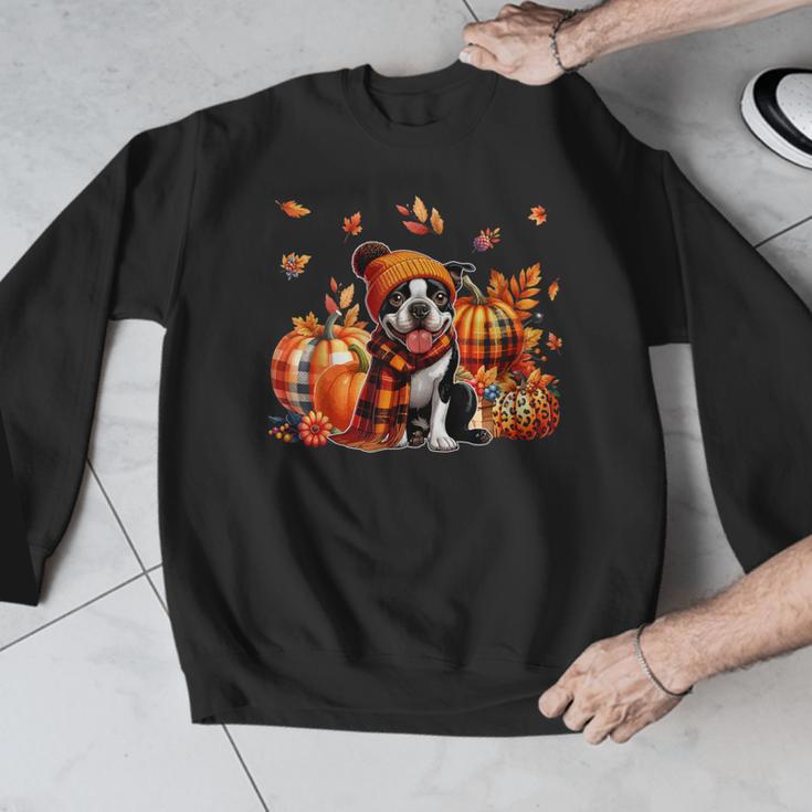 Boston Terrier Thanksgiving Leopard Pumpkins Fall Leaves Men Graphic Sweatshirt, Boston Terrier Thanksgiving Gifts, funny design