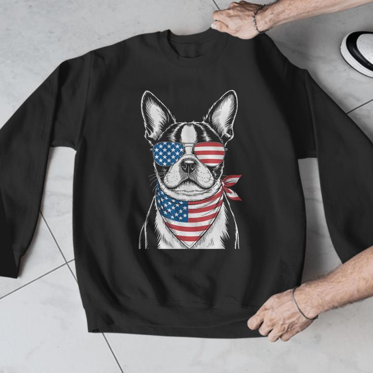 Boston Terrier USA Flag Sunglasses Patriotic 4th Of July Men Graphic Sweatshirt, Patriotic Boston Terrier Gifts, Boston Terrier 4th Of July Gifts, funny design