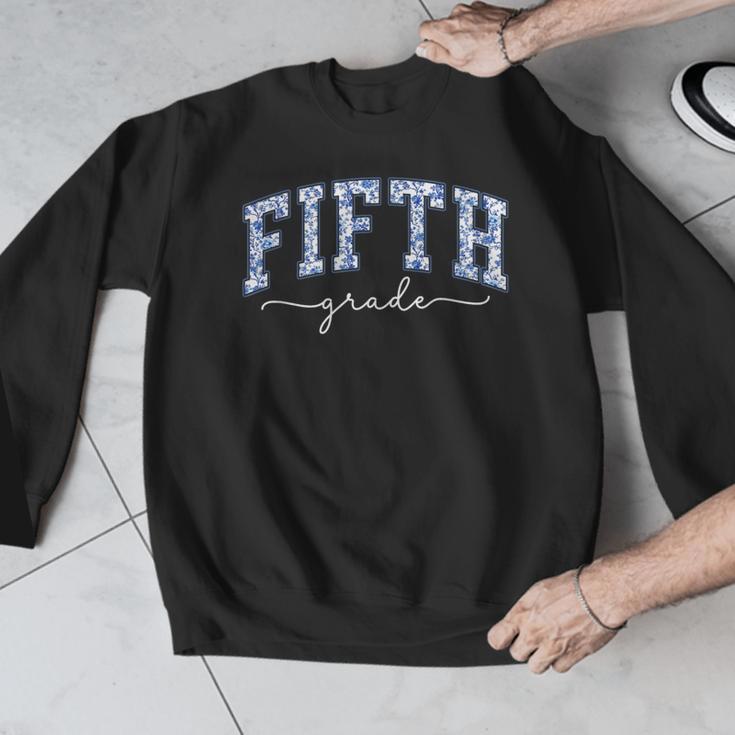 Fifth Grade Coquette Toile Blue Bow Floral Women Teacher Men Graphic Sweatshirt, funny design Fifth Grade Coquette Toile Blue Bow Floral Women Teacher Men Graphic Sweatshirt, funny design