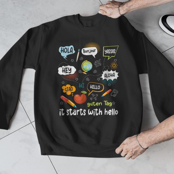 Friendship Inclusion Language Teacher It Starts With Hello Men Graphic Sweatshirt, funny design Friendship Inclusion Language Teacher It Starts With Hello Men Graphic Sweatshirt, funny design