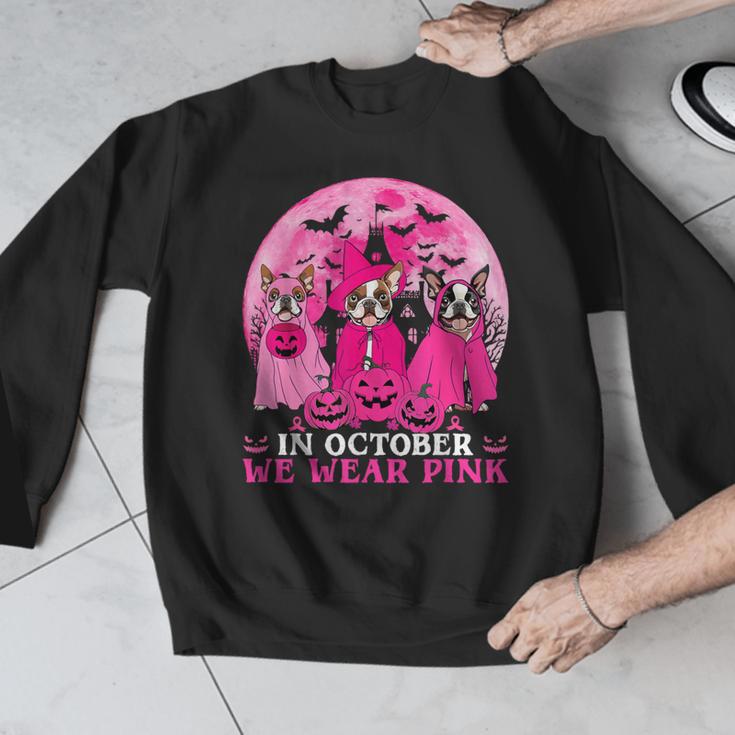Ghost And Witch Boston Terrier Dog In October We Wear Pink Men Graphic Sweatshirt, Boston Terrier Ghost Gifts, funny design