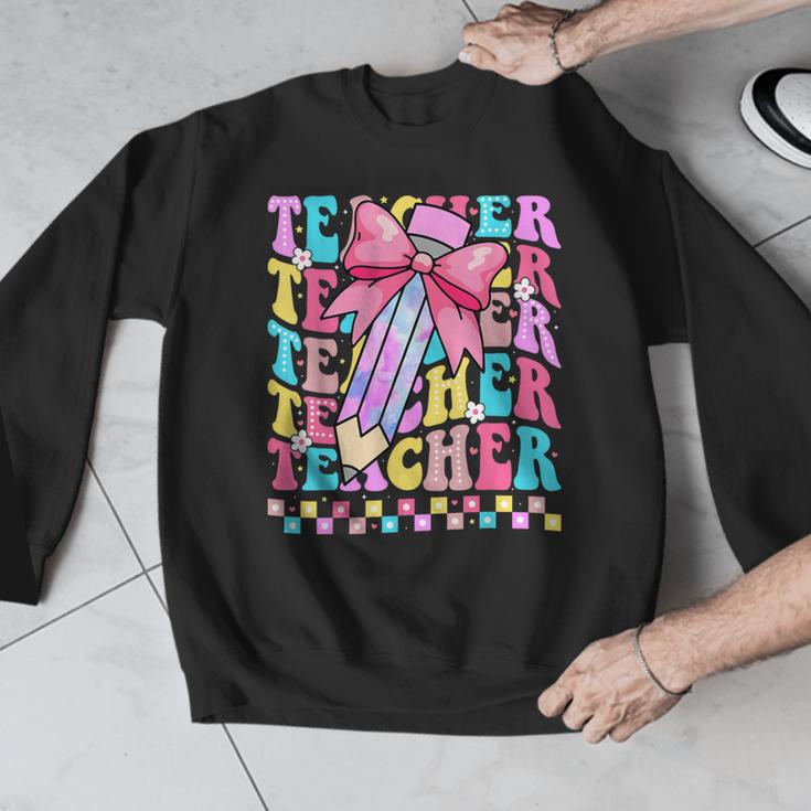 Groovy Teacher Cute Coquette Bow Flower Retro Back To School Men Graphic Sweatshirt, Groovy Teacher Gifts, funny design