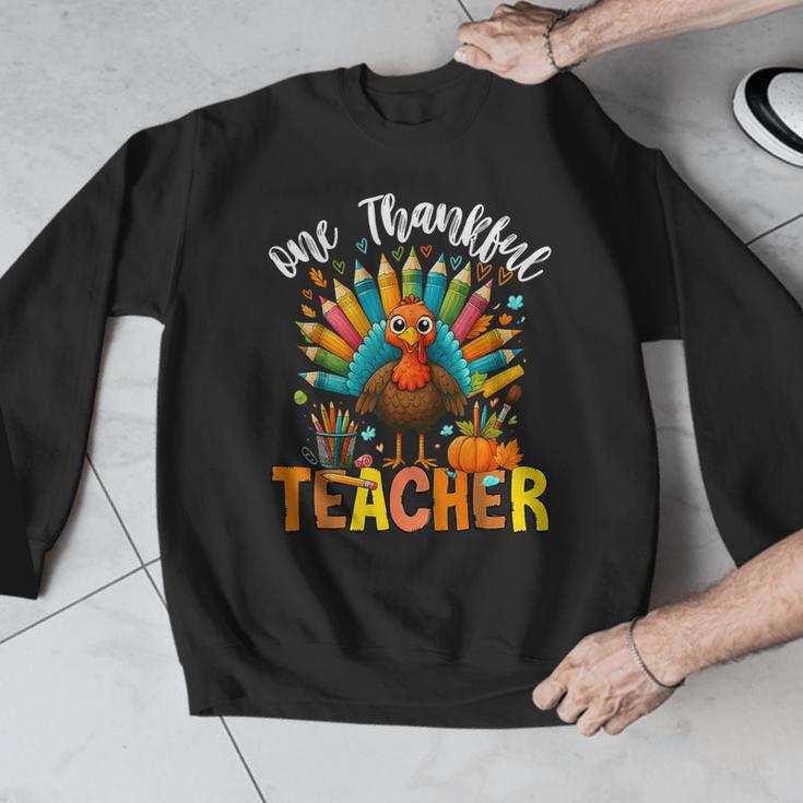 One Thankful Teacher Thanksgiving Turkey Cute Crayon Pencil Men Graphic Sweatshirt, funny design