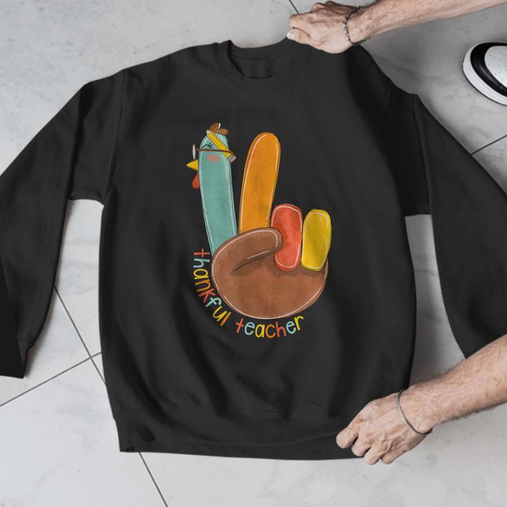 One Thankful Teacher Thanksgiving Turkey Peace Hand Sign Men Graphic Sweatshirt, funny design