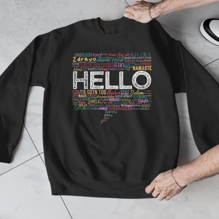 Start With Hello Different World Language Learning Teacher Men Graphic Sweatshirt, funny design